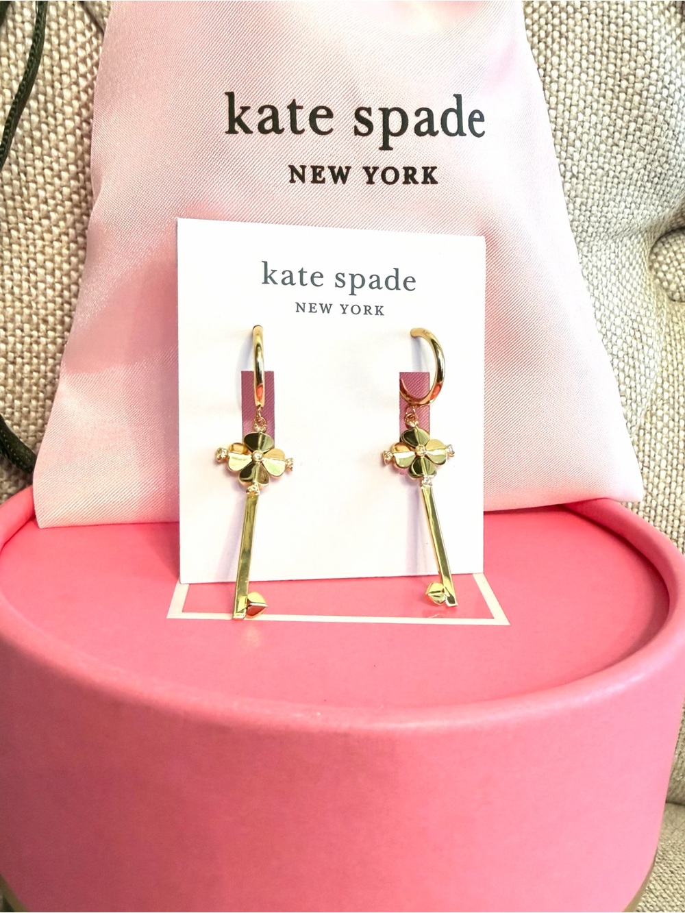 NEW Kate Spade Lock and Spade Legacy Logo Drop Flower Keys Earrings Gold Tone